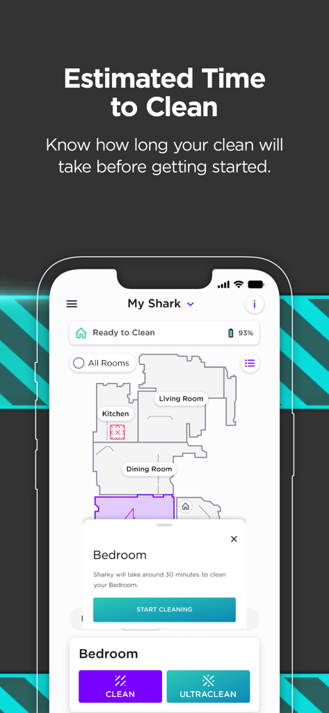 SharkClean - SharkClean app interface showing a house map with an estimated 30-minute cleaning time for the bedroom