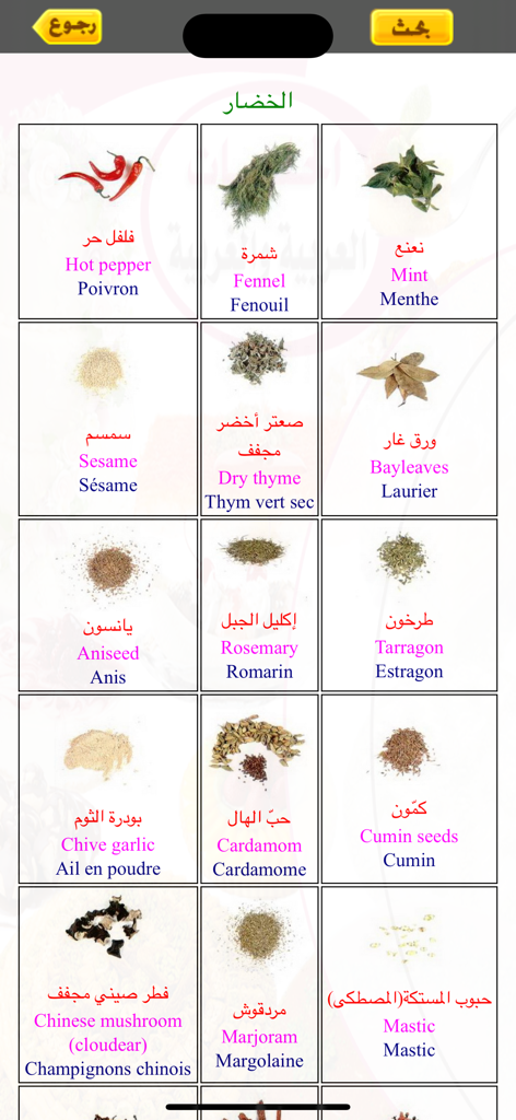 الحلويات العربية والغربية - Glossary of herbs and spices with names in Arabic English and French