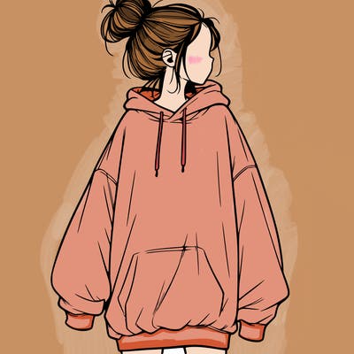 realistic girl with a oversized sweatshirt on and a bun