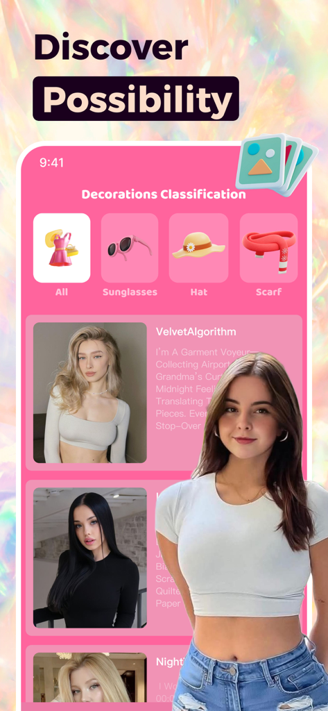 Una interfaz de aplicación de moda que muestra categorías de gafas de sol, sombreros y bufandas con fotos de estilo de usuario.