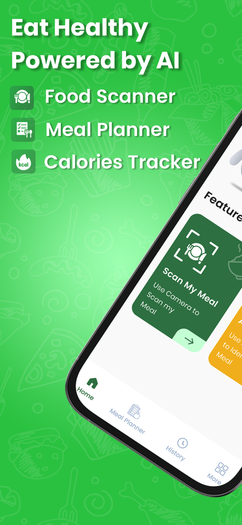 Interfaz de la aplicación AI Meal Planner y Food Scanner que muestra funciones como escaneo de comidas y seguimiento de calorías
