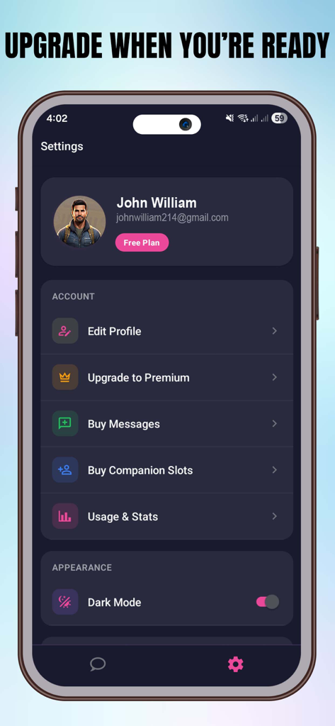 MAI: Virtual Companion Ai Vibe - MAI Virtual Companion app settings screen showing account options and user profile.