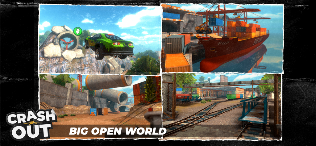 Demolition Derby - CrashOut - A collage showing diverse environments in the big open world of Demolition Derby CrashOut including a port and a train yard