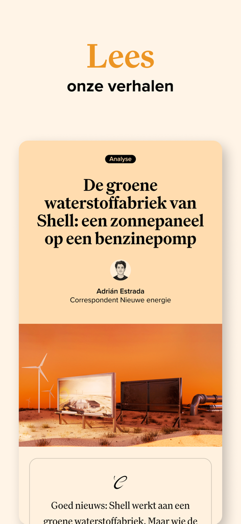De Correspondent - Screenshot of De Correspondent mobile app showing a Dutch long-form journalism article about Shell's green hydrogen plant.