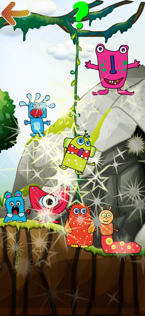 Toddler Monster Pop - Monstruos de dibujos animados amigables reunidos en una jungla con efectos de estrellas brillantes.