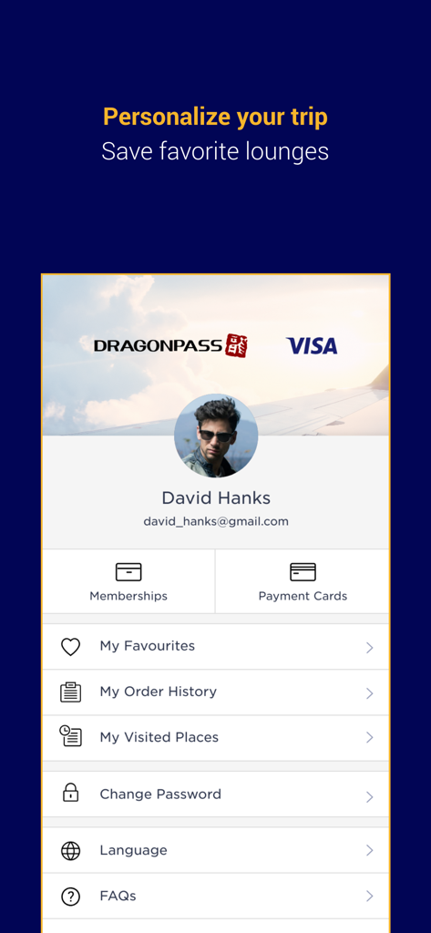 Schermata del profilo dell'app Visa Dine and Travel che mostra opzioni di personalizzazione per salvare le lounge aeroportuali preferite