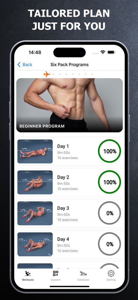 Six Pack in 30 Days - Mobile app screen showing a beginner 30-day abs workout program with daily progress tracking and exercise routines.