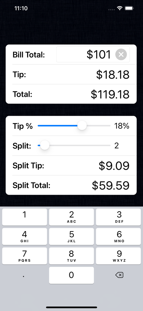 Screenshot of Tip Calculator Pro app calculating a bill split between two people.