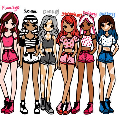 a group of girls wearing crop tops and shorts