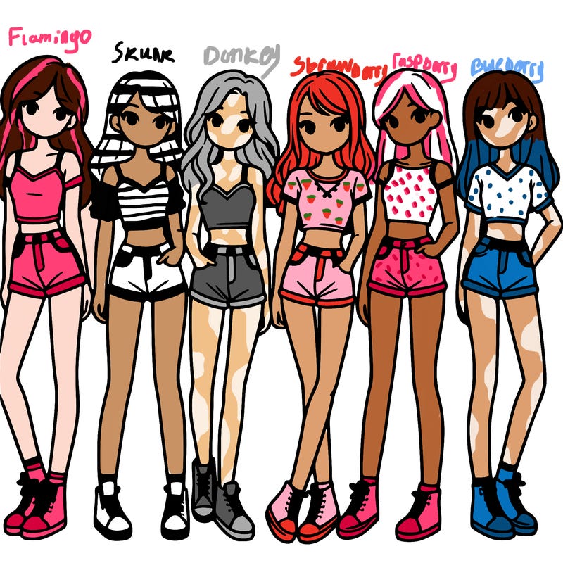 a group of girls wearing crop tops and shorts