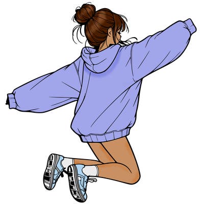 realistic girl jumping with a bun and oversized sweatshirt