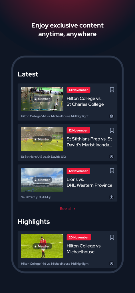 Interface de l'application mobile m:tel Sport montrant une liste des derniers matchs de sport et des faits saillants vidéo