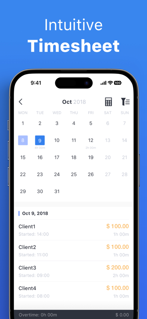 An intuitive timesheet calendar displaying daily working hours and earnings per client.