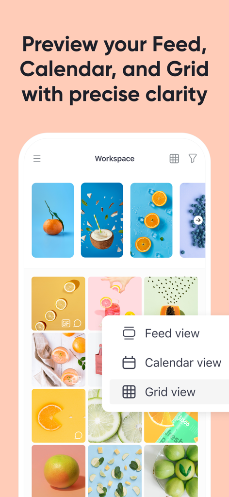 Planable: social media planner - ソーシャルメディア投稿の計画のためのフィードとグリッドビューオプションを示すPlanableモバイルアプリ