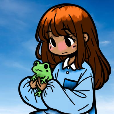 girl with long hair and a oversized shirt. and she is holding a frog