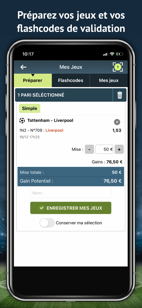 Interface d'application mobile pour préparer un pari sur le football avec cotes et gains potentiels