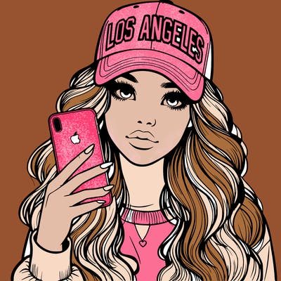realistic beautiful girl wearing los ángeles cap holding an iphone