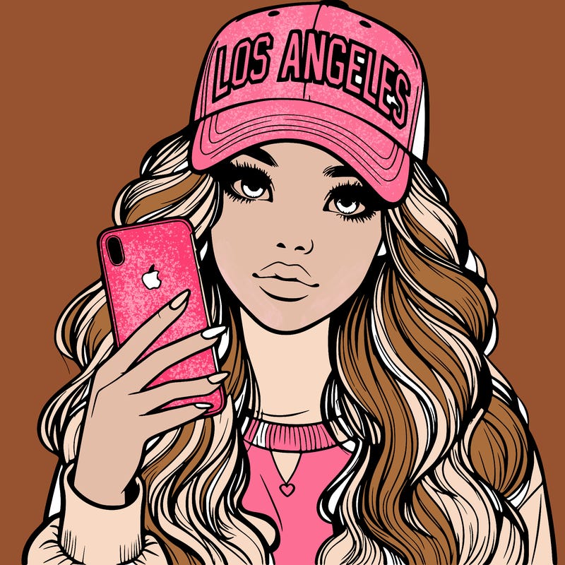 realistic beautiful girl wearing los ángeles cap holding an iphone