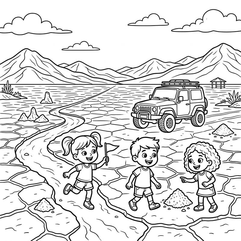Join these happy kids on an exciting journey across the vast, sparkling salt flats! This printable coloring page offers a fun adventure for young explorers to customize.