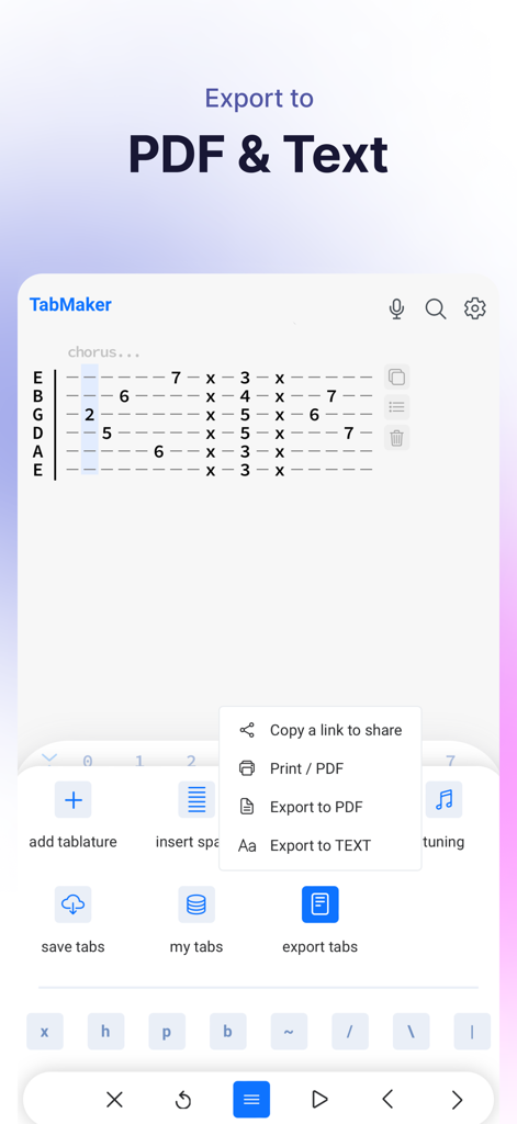 TabMaker - Guitar Tab Editor - Mobile app interface of TabMaker showing a guitar tab with a menu to export as PDF or Text.