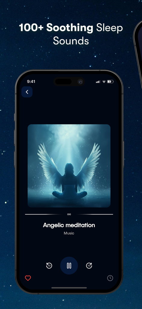 Mobile screen of Dreamy app playing soothing sleep sounds with an angelic meditation theme.