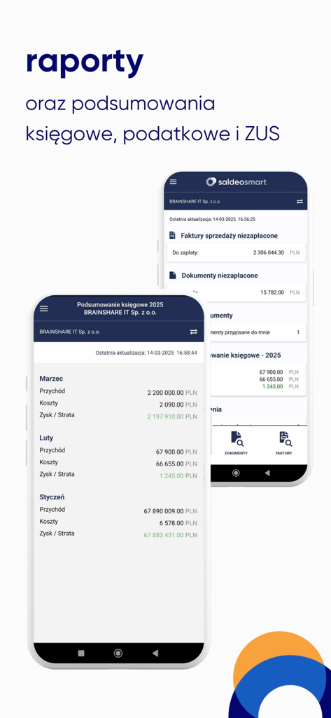 Écrans de l'application mobile SaldeoSMART montrant des rapports comptables et des résumés financiers mensuels sur un smartphone