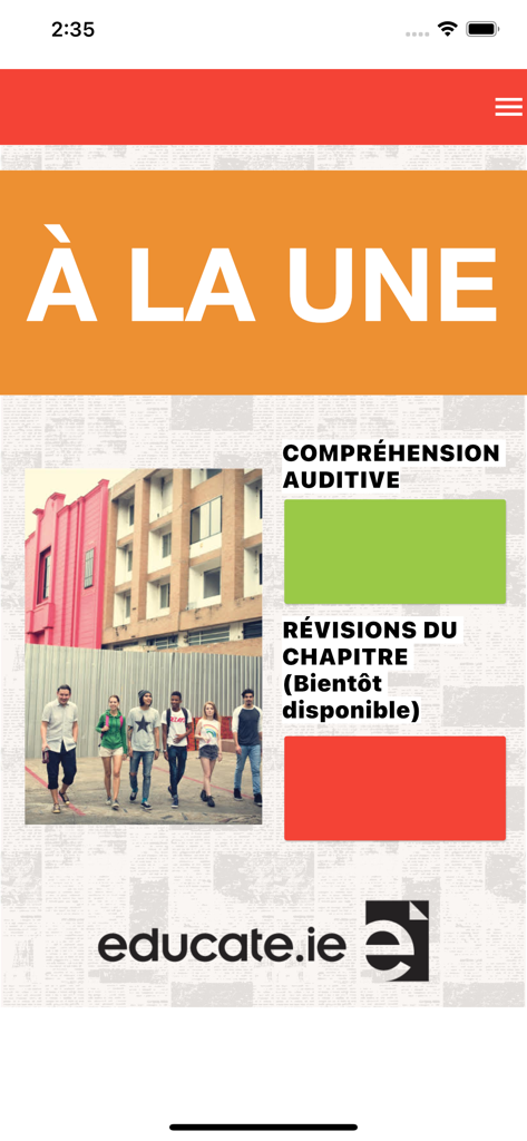 À La Une - Home screen of the A La Une French learning app with sections for listening comprehension and chapter reviews