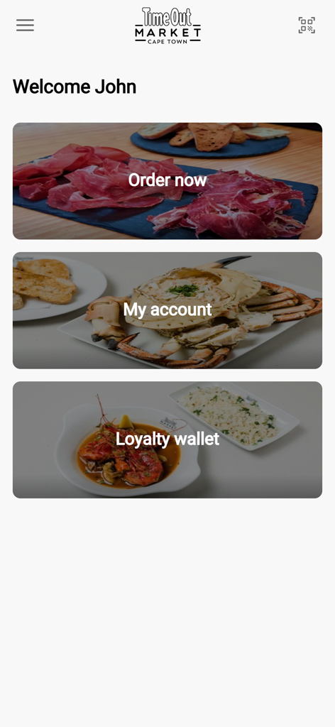 Cape Town Time Out Market - Pantalla de bienvenida de la aplicación Time Out Market Cape Town con botones para pedir comida, gestión de cuenta y recompensas de fidelidad.