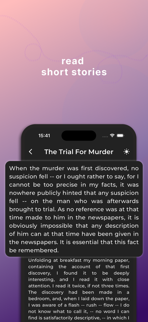 English Phrasal Verbs & Dict. - 영어 구동사 앱의 인터페이스로, 짧은 이야기 읽기 기능이 표시됩니다.