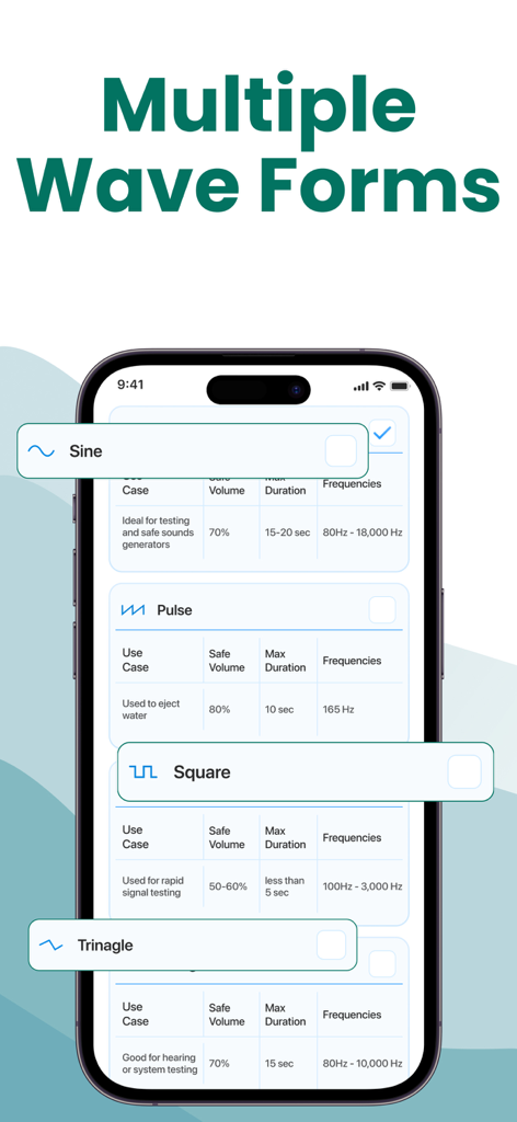 Clear Wave app screen showing different sound waveforms like Sine and Pulse for water ejection and acoustic testing