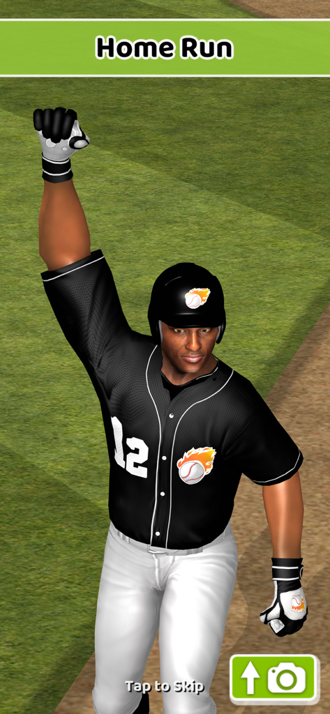 Baseball Game On: offline fun - Un jugador de béisbol 3D con uniforme negro levanta el puño para celebrar un jonrón