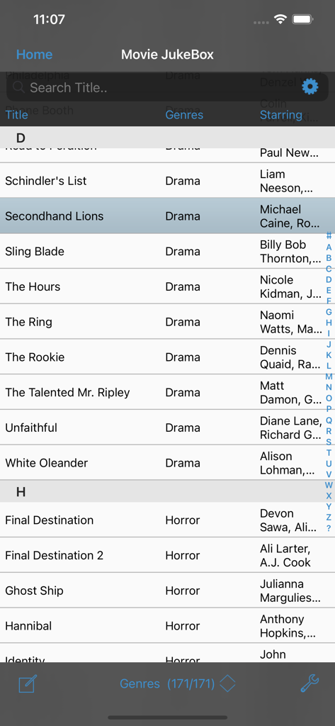 HanDBase app screen showing a movie database list with titles, genres, and cast members.