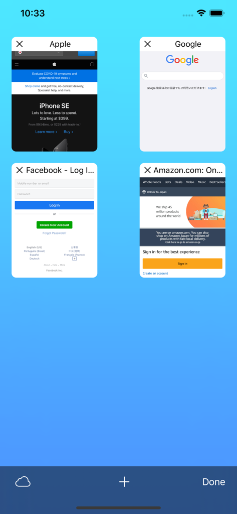 HTML Viewer Pro - Multi-tab browser interface in HTML Viewer Pro showing open websites like Apple and Google