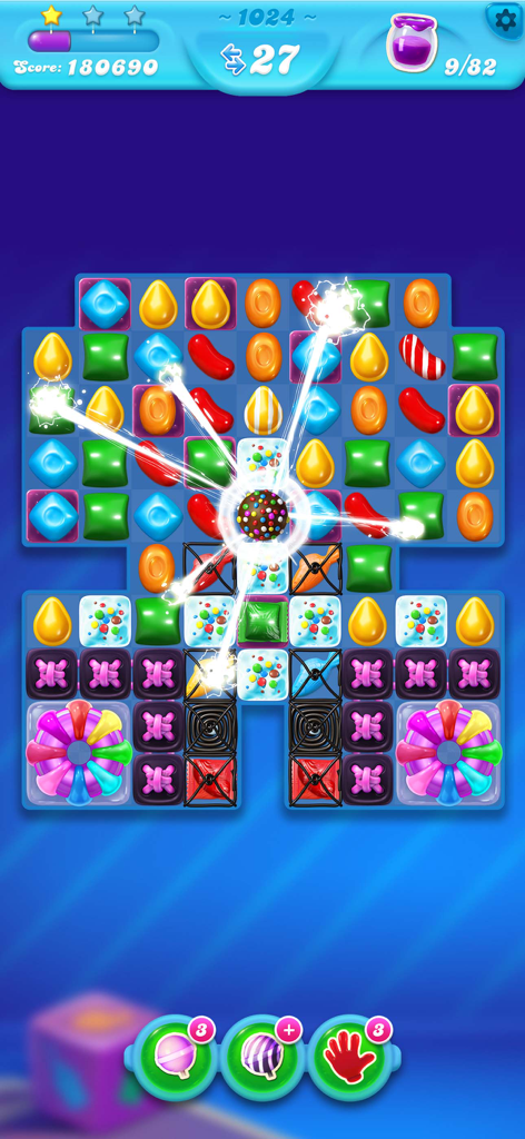 Candy Crush Soda Saga - Candy Crush Soda Saga match 3 puzzle board featuring a color bomb booster effect.
