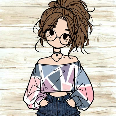 girl with a messy ponytail glasses a baggy crop top and jean shorts