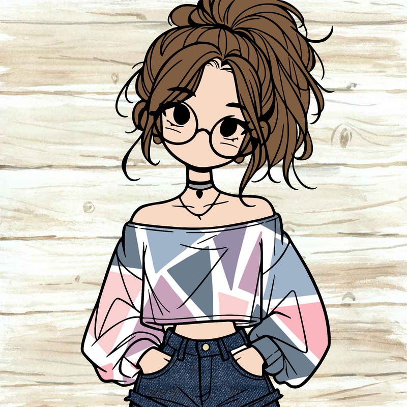 girl with a messy ponytail glasses a baggy crop top and jean shorts
