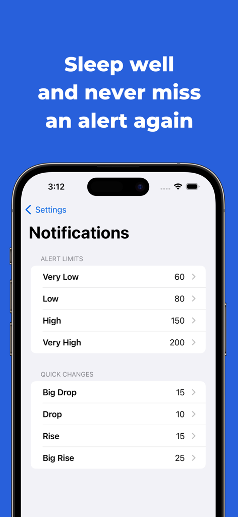 Sweet Dreams – Sugar Tracker - Sweet Dreams app notification settings screen showing customizable blood sugar alert limits and rate of change triggers
