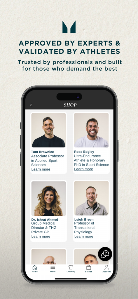 A mobile screen from the Myprotein app featuring profiles of medical and sports experts validating the brand products