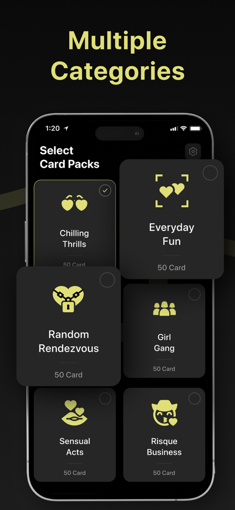 I Never Have Ever - Dirty Qs - Bildschirm der mobilen App, der verschiedene Kategorien von Partykarten zeigt, darunter Girl Gang und Sensual Acts