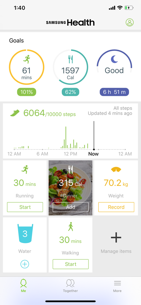 Samsung Health app dashboard showing activity goals and fitness tracking on iPhone