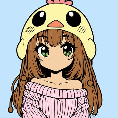 anime girl with chick shaped hat with sweater with bare shoulders with bangs covering them one eye with low tail