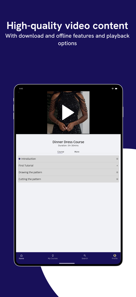 Sew with Ijeoma - Video lesson interface for a dinner dress course on the Sew with Ijeoma app