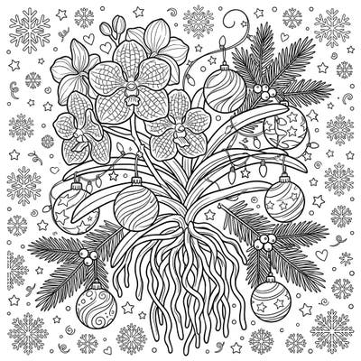 Discover the unique beauty of Vanda orchids intertwined with festive Christmas decorations in this intricate coloring page. Perfect for celebrating the holidays with a touch of exotic elegance.