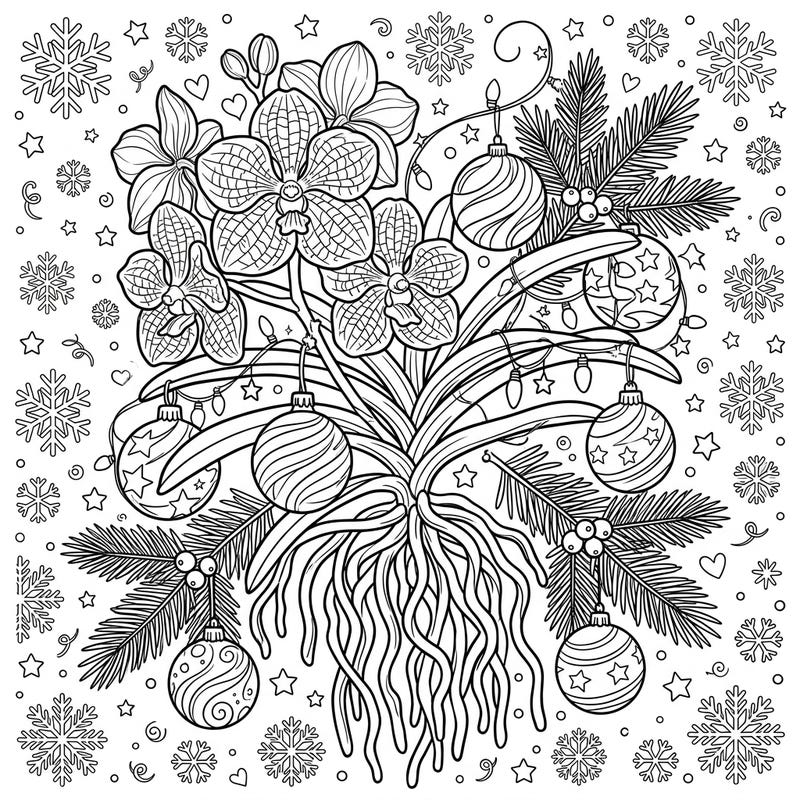 Discover the unique beauty of Vanda orchids intertwined with festive Christmas decorations in this intricate coloring page. Perfect for celebrating the holidays with a touch of exotic elegance.
