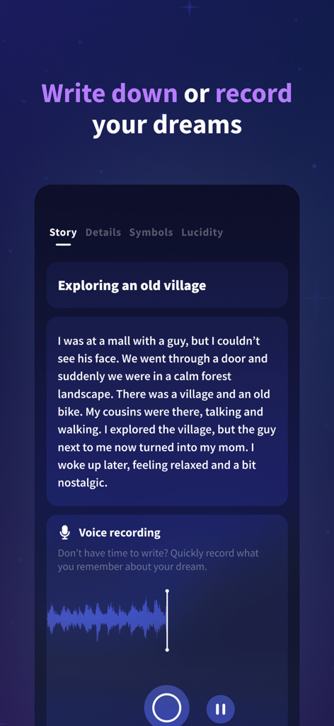 Oniri - Your Dream Journal - Interface of the Oniri dream journal app showing a written dream and a voice recording tool.