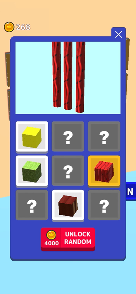 Noodle Master - ヌードルマスターゲームのカスタマイズメニュー。プレイヤーは様々な麺のテクスチャや色をアンロックして選択できる。