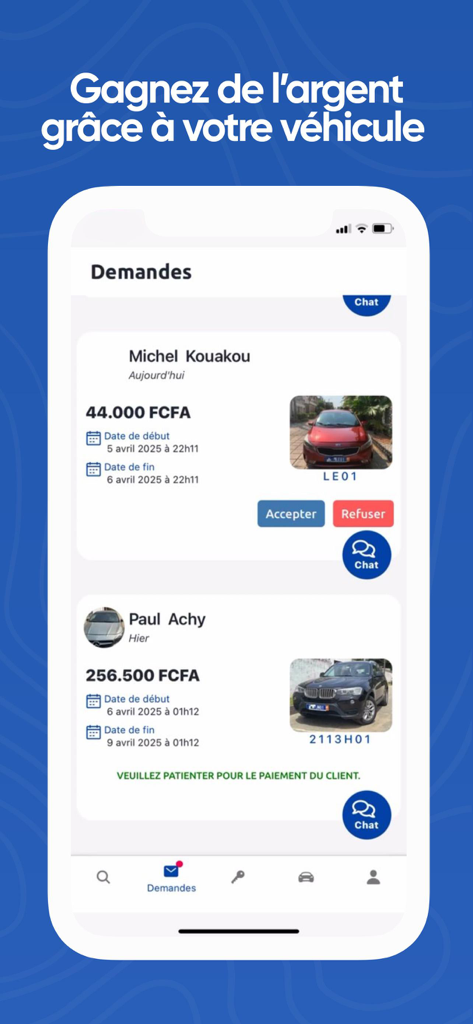 Schermata dell'app mobile Monbolide che mostra le richieste di noleggio veicoli