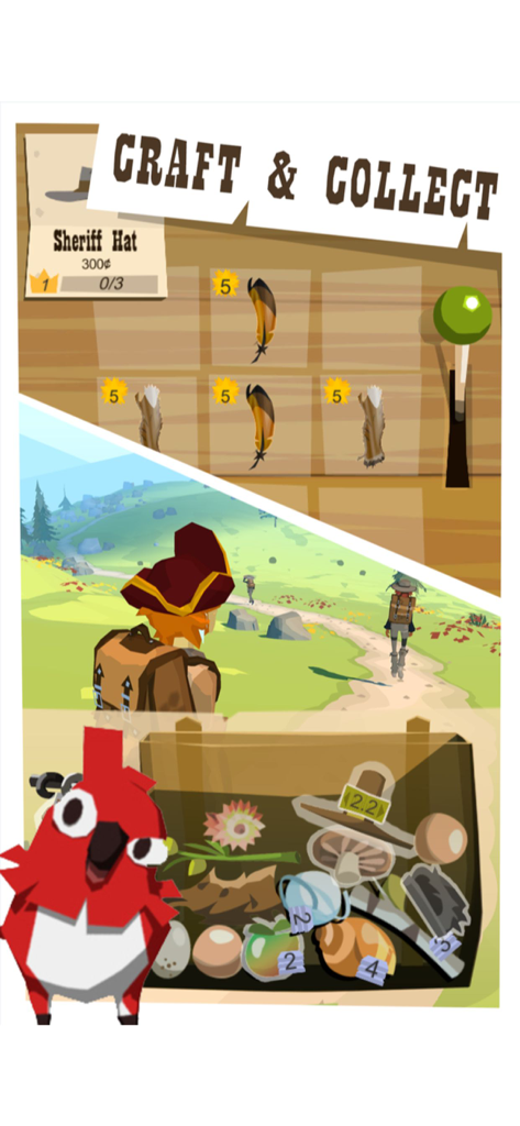 The Trail - Crafting menu and inventory screen from The Trail mobile game showing a character on a journey and various collected items.