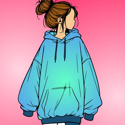 realistic girl with a oversized sweatshirt on and a bun