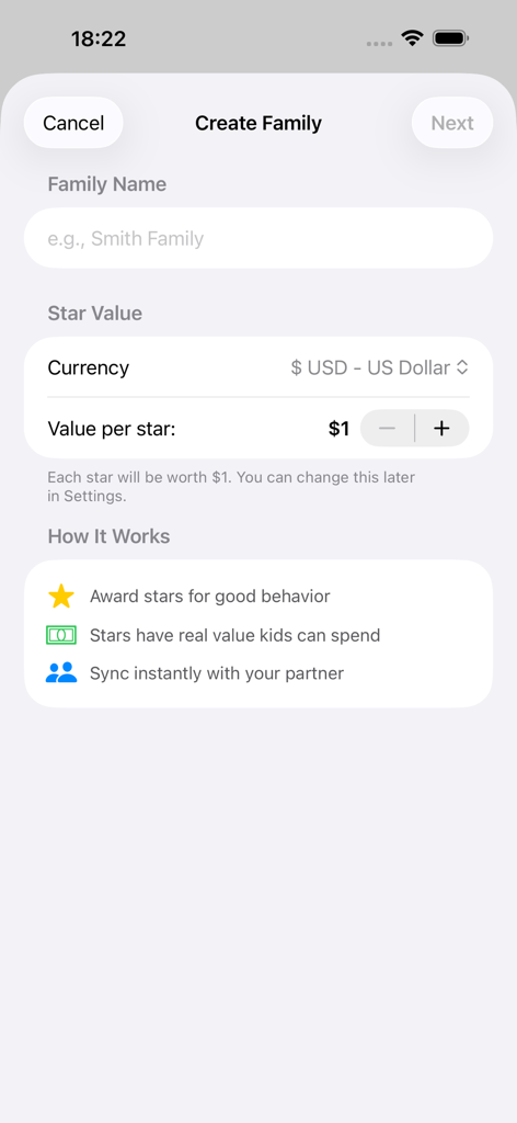 Reward-E - Star Rewards - Setup screen in Reward-E app to create a family and set the monetary value per star.